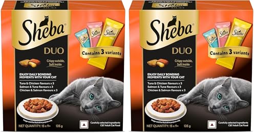 Image of Sheba Duo Adult Crunchy Cat Treats, 135 g, Crispy Outside Soft Inside, Contains 3 Variants, Tuna & Chicken, Salmon & Tuna, Chicken & Salmon (Pack of 2)