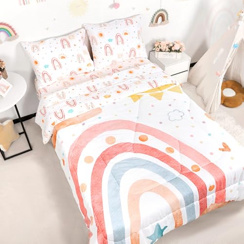 Image of Twin Size Toddler Bedding Set for Girls- 5 Piece Rainbow Toddler Girl Bedding, Super Soft & Lightweight Toddler Comforter Set Includes Comforter, Flat Sheet, Fitted Sheet, Pillowcase (Pink)