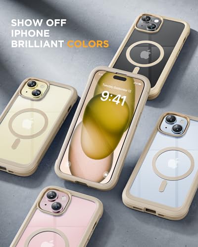 Image of Miracase Glass Series for iPhone 15 Case [Compatible with MagSafe] Full-Body Magnetic Bumper Case with Built-in 9H Tempered Glass Anti-Fingerprint Screen Protector + Camera Lens Protector, Beige