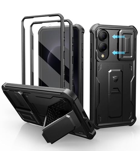 Image of Dexnor for Samsung Galaxy S25 Edge Case with Upgraded Slide Camera Cover & 2 Front Frames & Built-in Screen Protector & Kickstand, Heavy-Duty Rugged Case Full-Body Bumper Protective Cover,Black