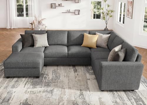 Image of HONBAY Sectional Sofa with Storage, U Shape Sofa with Chaise, 7 Seater Sectional Couch for Living Room, Light Grey