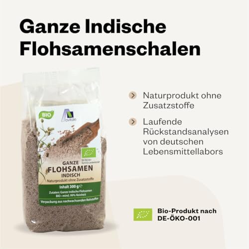 Avitale Ganze Flohsamen aus Indien, 99% Reinheit, reich an Ballaststoffen, Bio-Ware - Geprüfte Qualität aus Indien - Verpackt in Deutschland, 1er Pack (1 x 300 g)