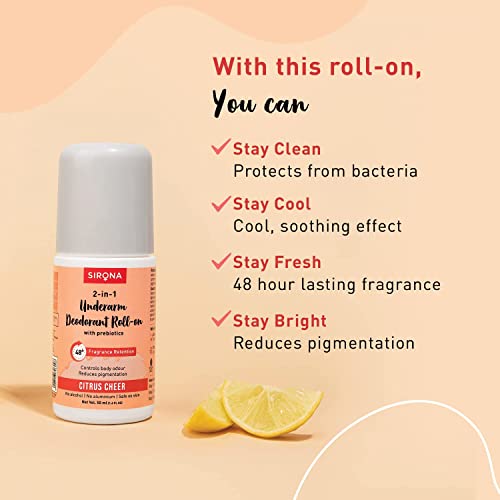 Image of Sirona Underarm Roll On -50 ml (Pack of 1) | with 0.5% Prebiotic, 0.5% Niacinamide & 0.1% Hyaluronic Acid | Prevents Body Odour & Exfoliates Underarms | Lemon Fragrance | Alcohol & Aluminium Free