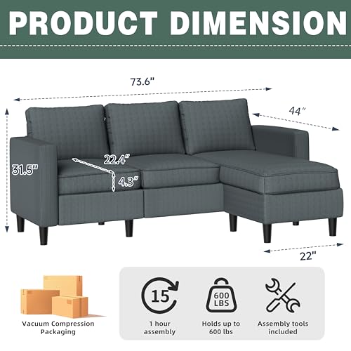 SUNLEI 73.6\" Modular Sectional Sofa Couches, Comfy Cloud Couch with Movable Ottoman Deep Seat L Shaped Modular Sofa, Sectional Couches for Living Room and Apartment, Dark Gray - Thumbnail 2