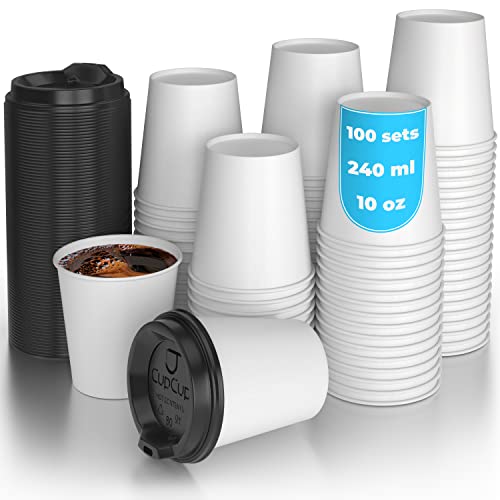 100 Gobelets Carton Blanc pour Café à Emporter - Tasse Café 240ml avec Couvercles pour Servir le Café, le Thé, des Boissons Chaudes et Froides