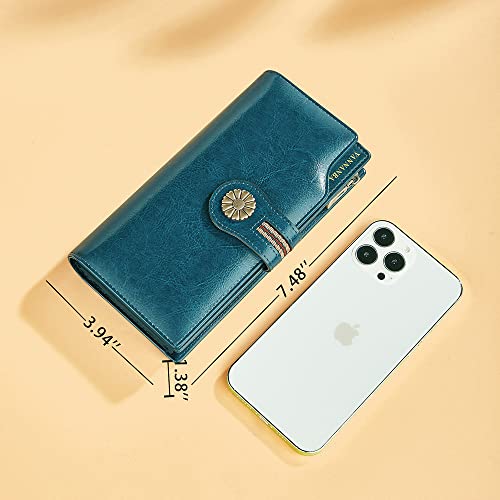 VANNANBA Large Capacity Clutch Wallet For Women RFID Blocking Waxed Genuine Leather Zipper Wallet Ladies Card holder (Peacock blue)4