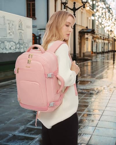 Image of LOVEVOOK Travel Backpack For Women, 40L Carry On Backpack Flight Approved, TSA Personal Item Backpack Fits 17 Inch Laptop, Business Weekender Overnight Waterproof Daypack With 2 Packing Cubes, Pink