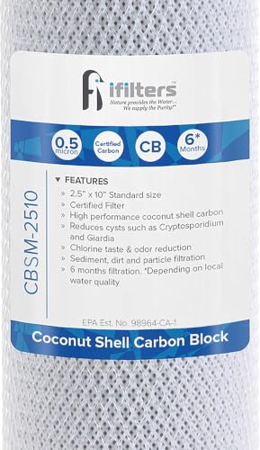 Image of iFilters 0.5-Micron Carbon Block Water Filter - Coconut Shell CTO Drinking Water Filter Cartridge - 10-inch Replacement for Filtration Systems - 2.5 inch x 10 inch (2.5 inch x 10 inch, 2 Pack)