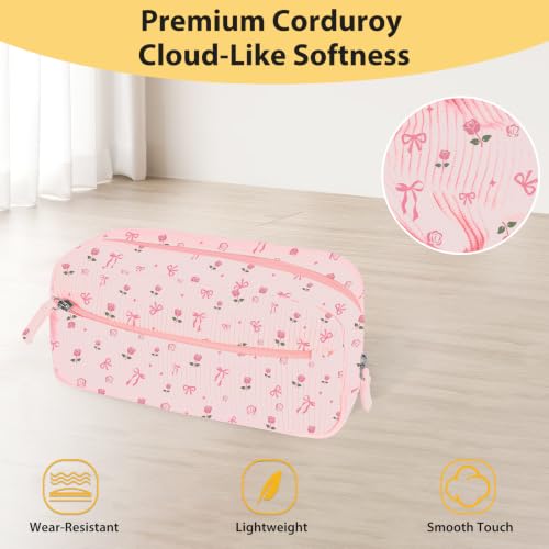 Image of FINPAC Pencil Case, Corduroy Triangle Makeup Bag, Kawaii Pen Bag Pouch Holder Box Organize for Study, Office, or Travel (Pink Rose Bow 2)