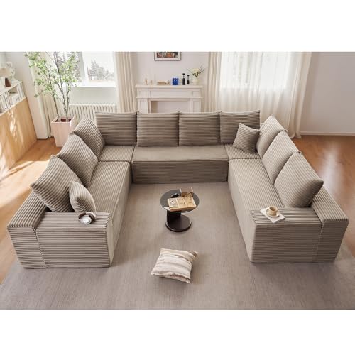 Image of Sectional Cloud Couch for Living Room, Big Comfy Corduroy Couches Set with Fluffy Memory Foam, Modular Floor Deep-Seat Sofa, Stupendous U Shaped Sofas with 12 Pillows, No Assembly Required, Camel