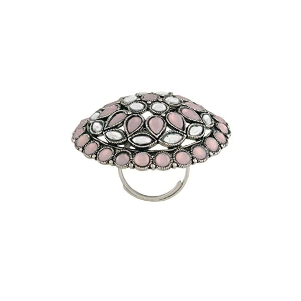 I Jewels Silver Oxidized Kundan Work Designer Adjustable Finger Ring for Women (FL208) - Image 5