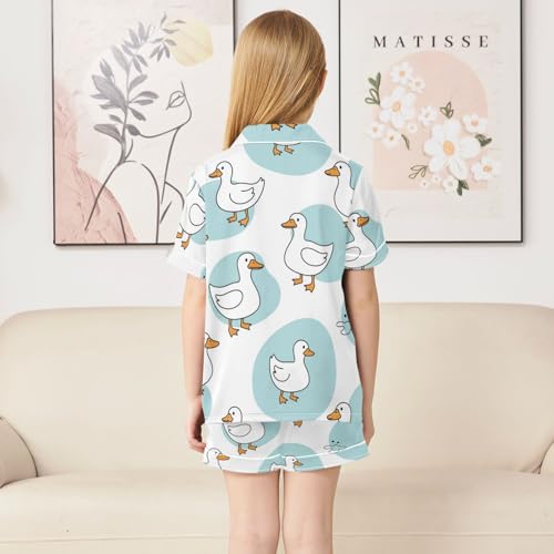 Satin Pajama Sets Short Sleeve Ducks on Blue Backgrounds Button Down Silky Nightwear 2 Piece PJS 5-14Y4