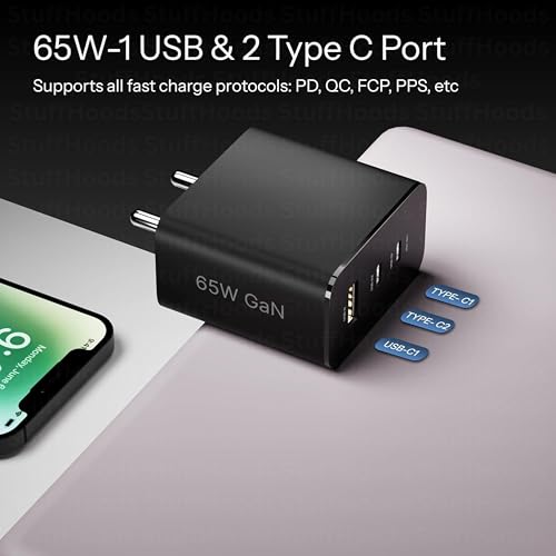 Image of 65W Gan Trio Charger Adapter for Nothing | 3 Port USB Type C to A Fast Wall Charging Adaptor Compatible with CMFF Phone 1 /Nothing Phone 2a Plus /2A /Phone 2 / CMFF, Black