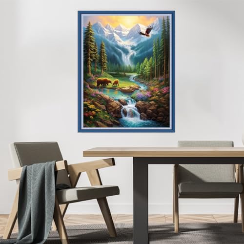 Image of DMCVIVR Stamped Cross Stitch Kits for Beginners Adults Needlepoint Kits for Beginners Embroidery Kits for Adults Crossstitch Kit for Beginners 11CT-Mountain River Waterfall 16x20 inchs