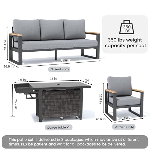 Image of Sundale Outdoor Aluminum Patio Furniture Set, 4 Piece Outdoor Conversation Sets with Fire Pit and Washable Thick Cushions, All Weather Outdoor Sectional Set for Deck, Lawn, Yard (Grey)
