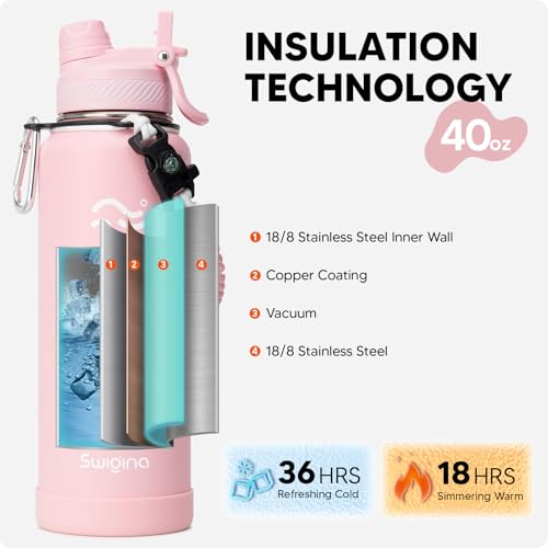 Image of Swigina [2-IN-1 LID] Insulated Water Bottle with Silicone Boot (36hrs Cold /18hrs Hot) - DIY Stickers, Leakproof, BPA Free, 40 oz