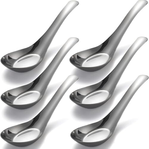 6 cucharas de sopa, cuchara de mesa de acero inoxidable, cuchara de sopa asiática, cucharas de cena para Pho Wonton, albóndigas, fideos, caldo, postre, cereales, miso tailandés