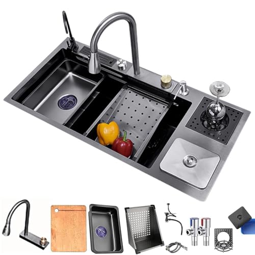 MNUPUOL 33Inch 304 Stainless Single Bowl Kitchen Sinks Drop In/Topmount Smart Sink Waterfall Kitchen Sink with Pull Down Faucet Double Step Workstation with Cup Washer, Trash Can,Black,88 * 46cm