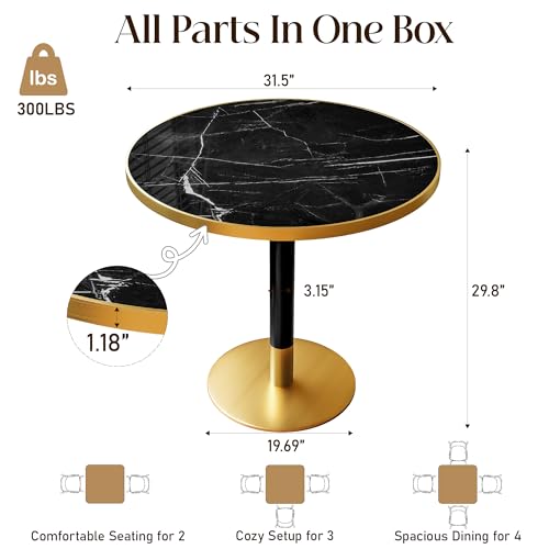 Image of 63 inch Tulip Table, Small Round Dining Table with 1.2 inch Thick Sintered Stone Tabletop and Golden Metal Pedestal Base, Bistro Table for Diner, Bar, Restaurant, kitchen, Bakery, Apartment (Midnight Black)
