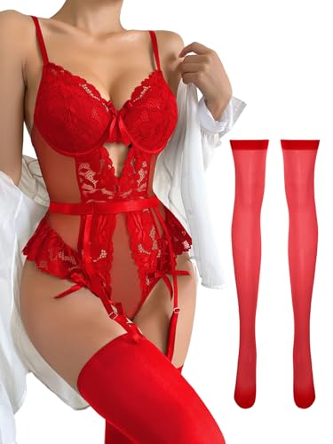 Image of Sexy Stocking Lace Mesh Bodysuit Top Underwire Garter Lingerie Set 3 Piece