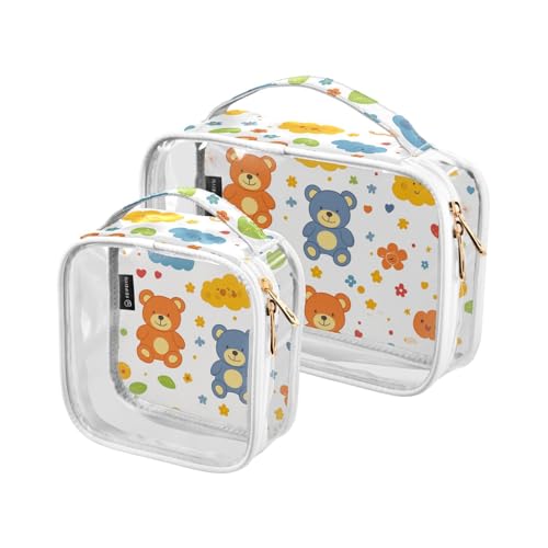 Paquete de 2 neceseres decorativos transparentes de viaje, aprobados por la TSA, diseño de oso de dibujos animados, colorido, lindo, impermeable, pequeño neceser de afeitado