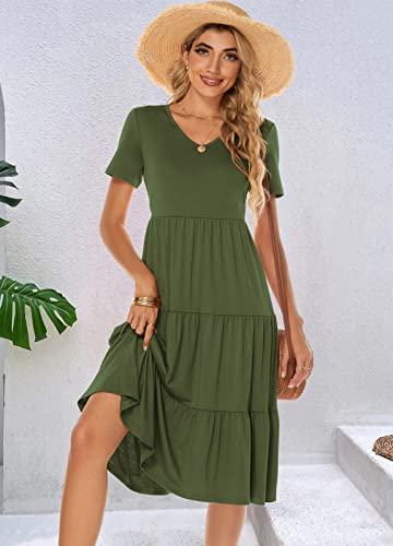 Image of Berydress Women's Casual Summer Tiered Midi Dress 2026 V Neck Boho Sundress | Short Sleeve Dresses for Women, Loose Ruffle Babydoll Style, Cotton Blend Fabric, for Church, Going Out, Beach Vacation