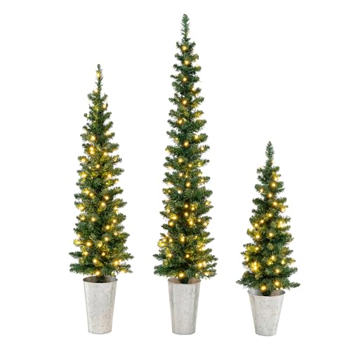 Goplus 3' 4' 5' Pre-Lit Christmas Tree Set of 3, Artificial Slim Pencil Potted Xmas Tree with...