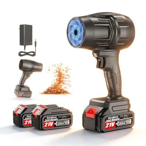 Electric Cordless Leaf Blower 550000RPM Lightweight Handheld Dust Blower with 2 Battery & Charger Adjustable Speed High-Speed Motor Leaf Blowers for Lawn Care Garage/Patio/Car Cleaning