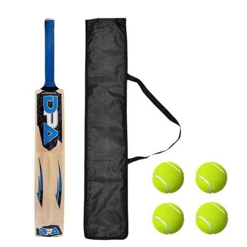 Image of Poplar Willow Cricket Bat Wooden Cricket Bat for Tennis Ball & Leather Ball Lightweight Durable Strong Bat Comfortable Grip Long Handle (Blue Bat Ball Cover 3)