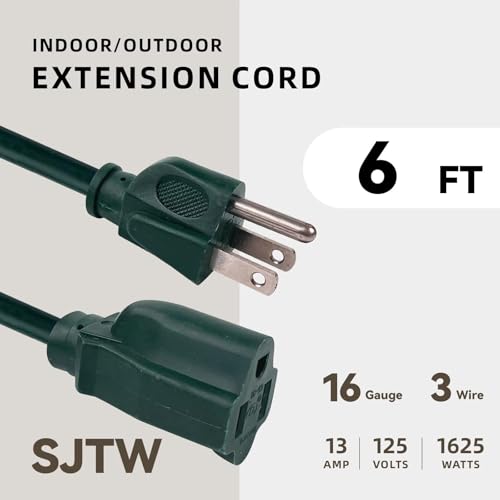 Image of 6ft Outdoor Extension Cord - 16 /3 Heavy Duty SJTW Waterproof Green Electrical Cable with 3 Prong Grounded Plug for Safety, Great for Lawn and Major Appliances