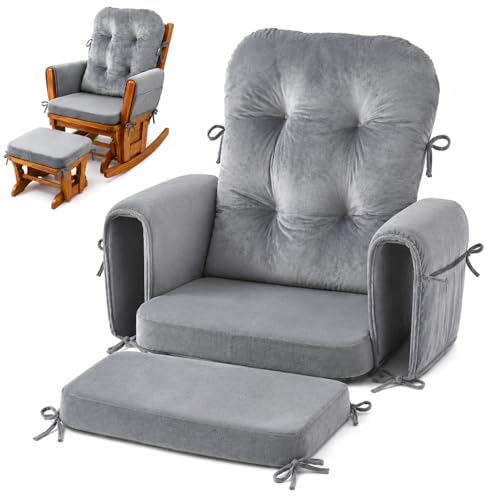 Lujechii Glider Rocker Replacement Cushions Set Filled with Shredded Memory Foam and Sponge Soft Velvet Rocking Chair Cushions with Side Pockets Removable Washable Cover and Ties