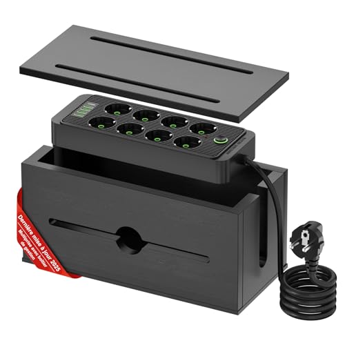 Boîte à câbles en Bois avec multiprise, Organisateur de Station de Charge avec 8 Prises,4USB &1charge Rapide de Type C,Protection Contre Les surtensions avec câble d'extension de 200cm pour Le (Noir)