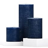CANDWAX Assorted Pillar Candles Set of 3 – Sizes 3', 4', 8' Unscented Dripless Large Candles, Rustic Style Long Burning for Weddings, Decor – Dark Blue