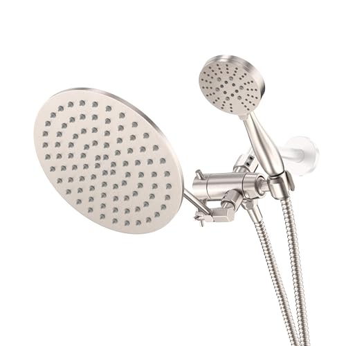 Solid Metal 3-Spray Dual Shower Head Combo with 12 Inch Adjustable Arm Extension, Brushed Nickel | Hand Held Shower Head with Hose, 8 Inch Rainfall, 3-Way Diverter and Shower Arm Extension