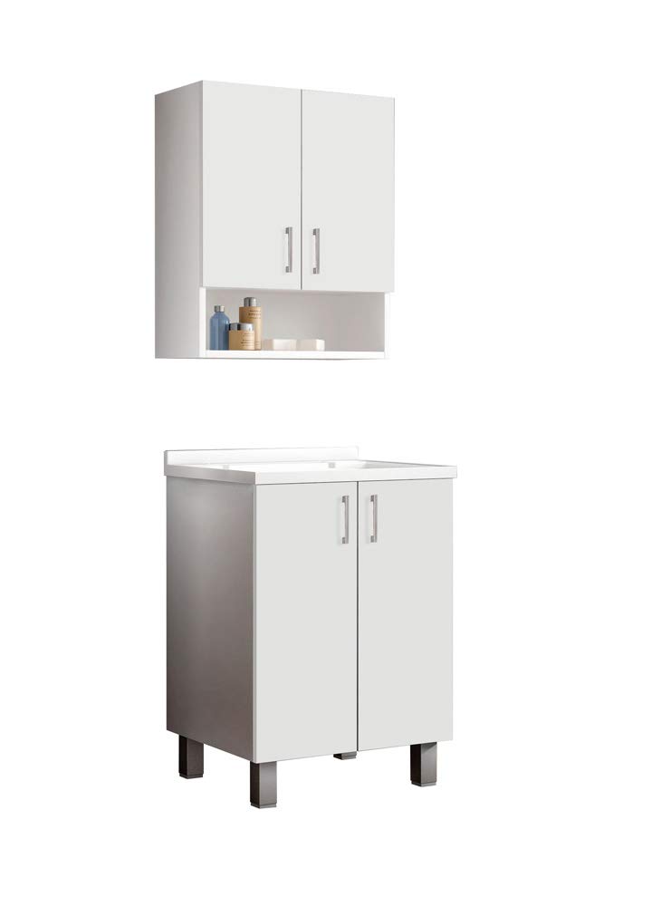 MaMa Store ATENALAV Mobile Lavatoio-Lavapanni Bianco in Metacrilato con ASSE in Legno e gocciolatoio in Alluminio, L.60 x P.50 X H. 86.5 cm