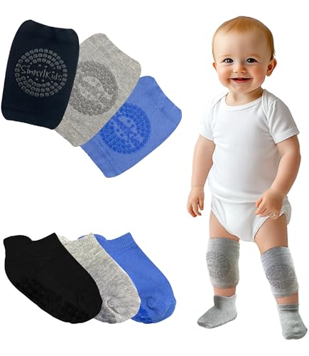 Baby Knee Pads for Crawling and Baby Socks for Walking (6 Pairs 6-12 12-18 Months) I Toddler Socks with Grippers and Crawling Anti-Slip Knee Pads Infant Boys Girls Rodilleras para Bebes que Gatean
