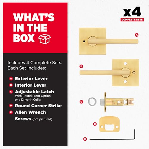 Image of Kwikset Halifax Interior Square Privacy Door Handle with Lock, Door Lever for Bathroom and Bedroom, Satin Brass, Reversible Keyless Push Button Lock Door Lever, 4 Pack