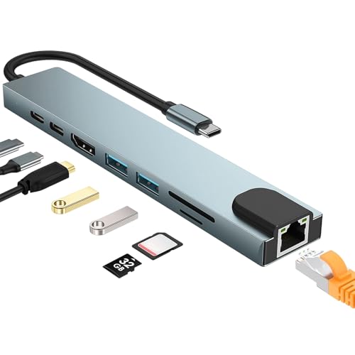 Hub USB Tipo C 8 en 1 Multiport Adaptador HDMI a USB C USB 3.0 5Gbps HDMI 4K@30Hz Adaptador Ethernet a USB c PD 100W, Lector de Tarjetas SD/TF para iOS, Android, PC y Portátiles