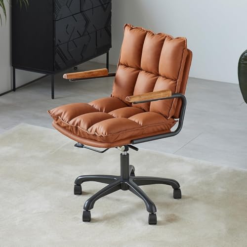 PELLEBAR Home Office Desk Chair, Ergonomic Computer Chair with Wheels and Oak Arms, Adjustable Height Rolling Swivel Executive Task Armrests Chair, Rust Brown