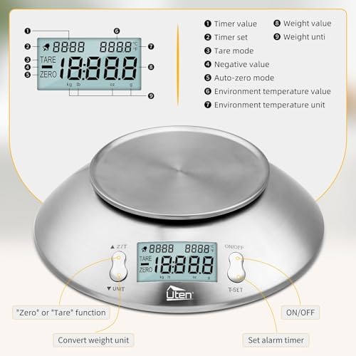 Bild 1 - Uten Küchenwaage Digitalwaage Professionelle Waage Electronische Waage, Digitale Küchenwaage 5kg x 1g aus 304 Edelstahl Tara-Funktion mit LCD-Display Schale und Timer