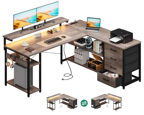 ODK Escritorio con Cajones, Escritorio Esquinero Reversible con 2 Enchufes y 2 Puertos USB, Mesa de Oficina en Forma de L con LED para Oficina en Casa, Roble Gris, 135×110 cm