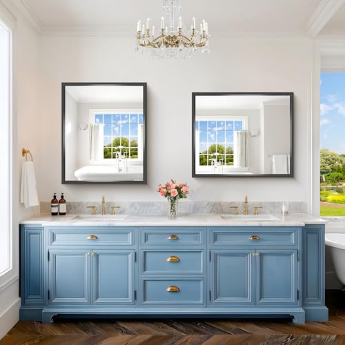 Image of Bathroom Mirror, 36 x 30 inch Brushed Black Rectangle Mirror, 0.6 inch Thickened Deep Metal Frame Rectangular Vanity Mirror for Over Sinks, Tempered Glass, Antirust, Horizontally or Vertically