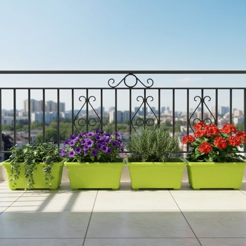 Image of Bianco Rectangular Plastic Pots for Plants, Jupiter Flower Pots for Home, Window Display, Garden (35 x 18.5 x 15 cm) (Green) (Pack of 4)