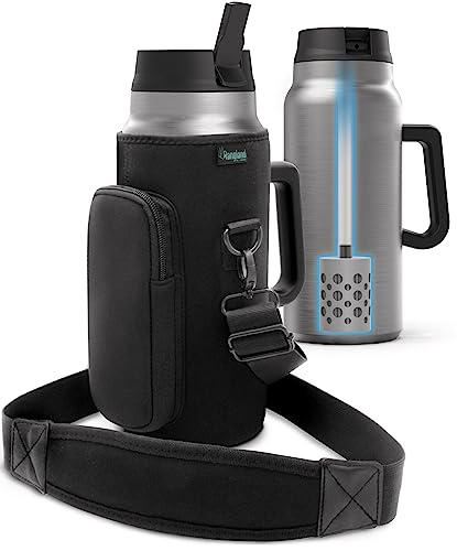 Rangland Filtered 64 oz Tumbler with Handle and Carrier Bag - Insulated Wide Mouth Water Bottle with Ahlstrom Filter System, Spill-proof Straw Lid and Padded Shoulder Strap (Stainless Steel)