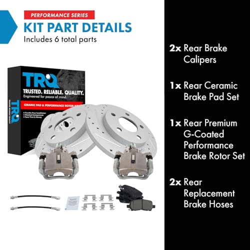 Image of TRQ Performance Rear Brake Pad and Rotor Set Ceramic Slotted Drilled G Coated Rotors Calipers Compatible with 2004 Pontiac Grand Prix