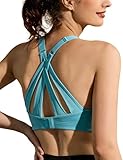 ZeroBound Women's High Impact Sports Bra Criss-Cross Back Padded Strappy Sports Bras Full Coverage Padded Racerback Bras Adjustable Wirefree Push Up Bras (Blue Green, 36C)