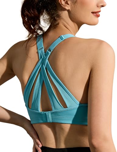 ZeroBound Women's High Impact Sports Bra Criss-Cross Back Padded Strappy Sports Bras Full Coverage Padded Racerback Bras Adjustable Wirefree Push Up Bras (Blue Green, 36C)