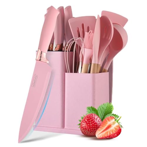 Kitchen Knife Set with Block, Retrosohoo Pink 19PC Silicone Kitchen Utensil Set and Stainless Steel Knife Set, Non-stick Sharp Chef Knife and Cooking Utensils Gift for Women Family (19 in 1)