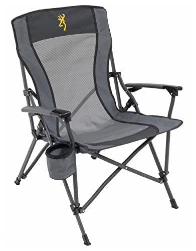 Browning Folding Camping Chairs for Adults - Durable Mesh Fabric Over Sturdy Powder Coated Steel Frame, Armrests Cup Holder, and Shoulder Carry Bag, Charcoal/Gold Buckmark