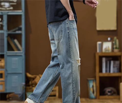 Men's Ripped Jeans Loose Fit Distressed Wide Leg Hollow Out Vintage Motorcycle Denim Pants Trousers4